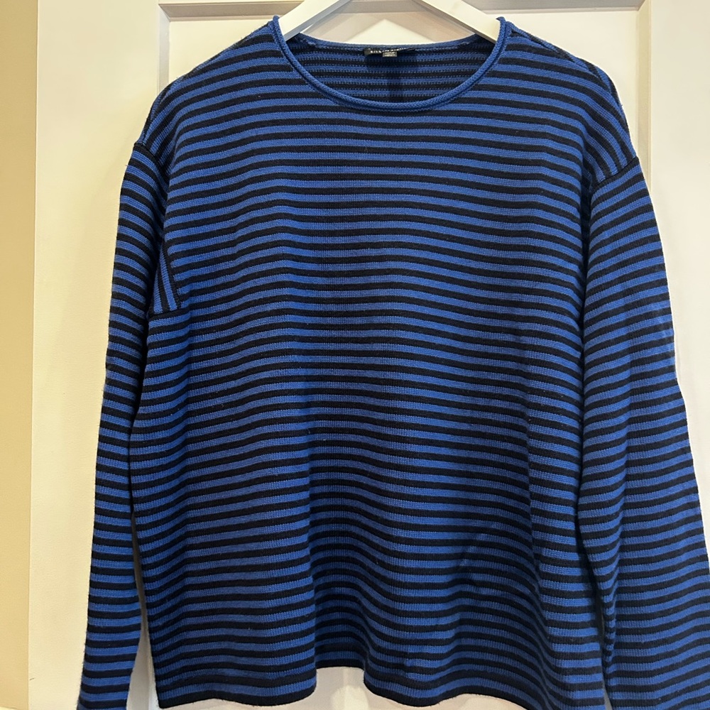 Eileen Fisher - Blue/Black Striped Oversized Merino Wool Sweater